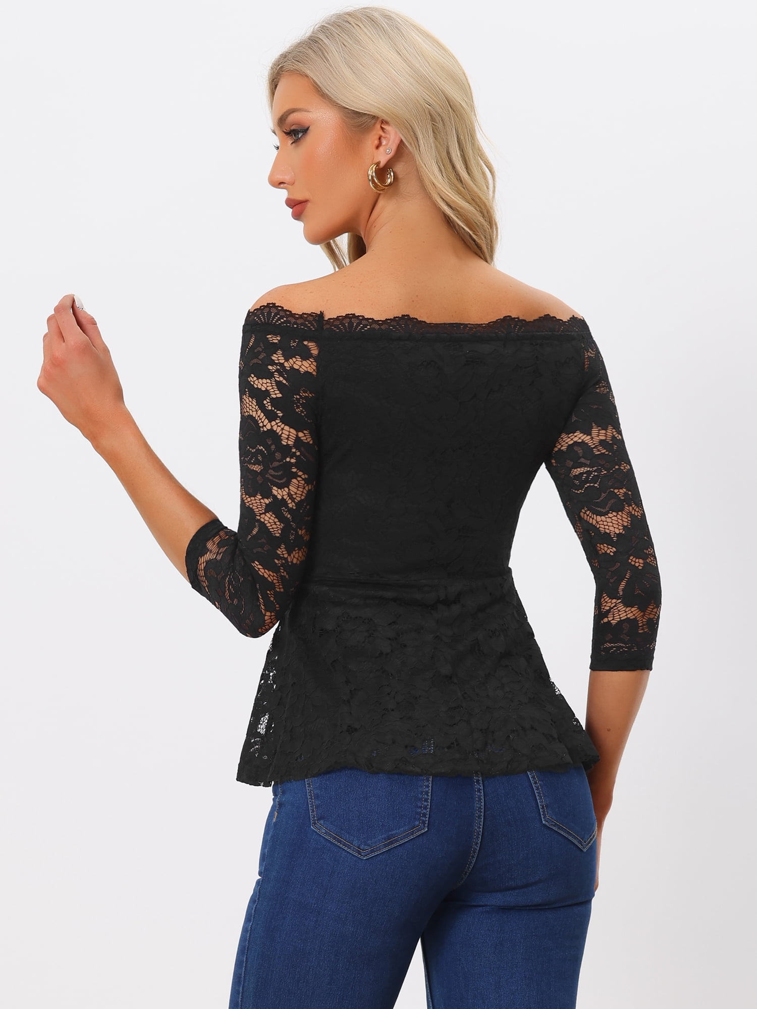 DARING DIVA Lace Off the Shoulder Sheer Peplum Blouse Top S Black