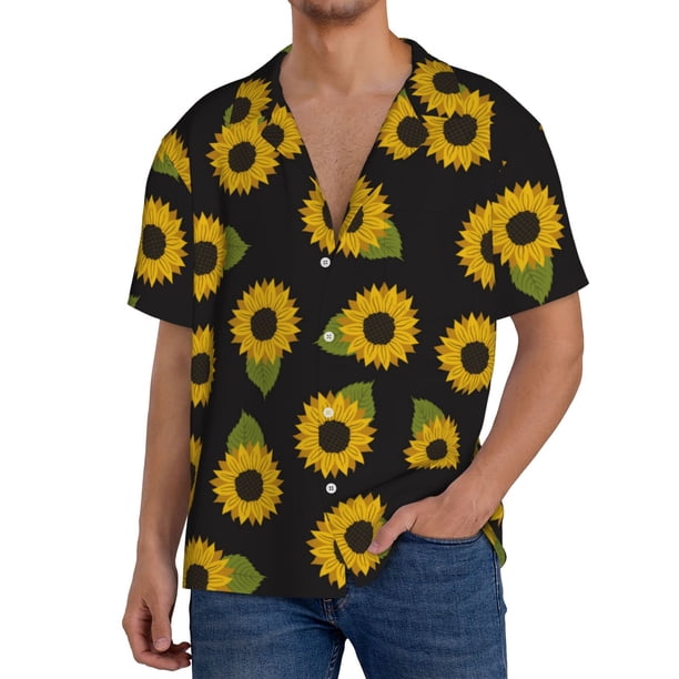 Fotbe Sunflowers Camisa Estampada de Manga Corta para Hombre, Casual de Verano, Estilo Playero, Sin Arrugas-Small