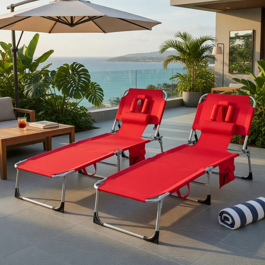 Hommoo Foldable Tanning Chair with Face & Arm Holes, Lightweight Portable Sun Lounger for Beach, Pool, Patio, Red