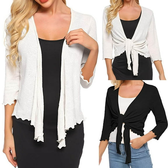 LOVZFMLL Women's Cardigan Tie Front 3/4 Sleeve Shrugs Lightweight Cozy Knotted Layering Cover-Up Short Shawl Tops