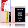 thumbnail image 3 of Funda de cuero para pasaporte, billetera de viaje con bloqueo RFID para pasaporte/tarjeta de crédito/boleto aéreo(rosa claro), 3 of 5