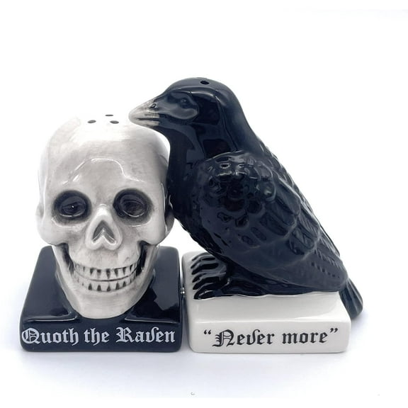 Quoth The Raven Ceramic Gothic Halloween Decor Cute skull Horror Salt and Pepper Shaker Set Scary Spooky and witchy Gift Fall Season Decor for Kitchen