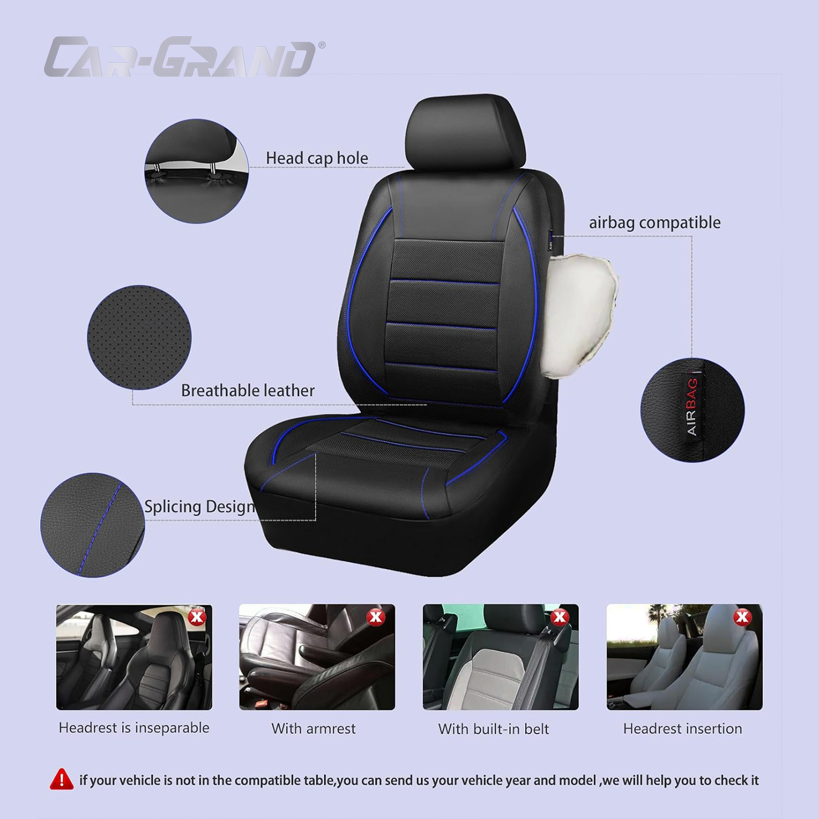 CAR GRAND Faux Leather car seat covers front pair breathable universal fit airbag compatible car, SUV, truck and van blue
