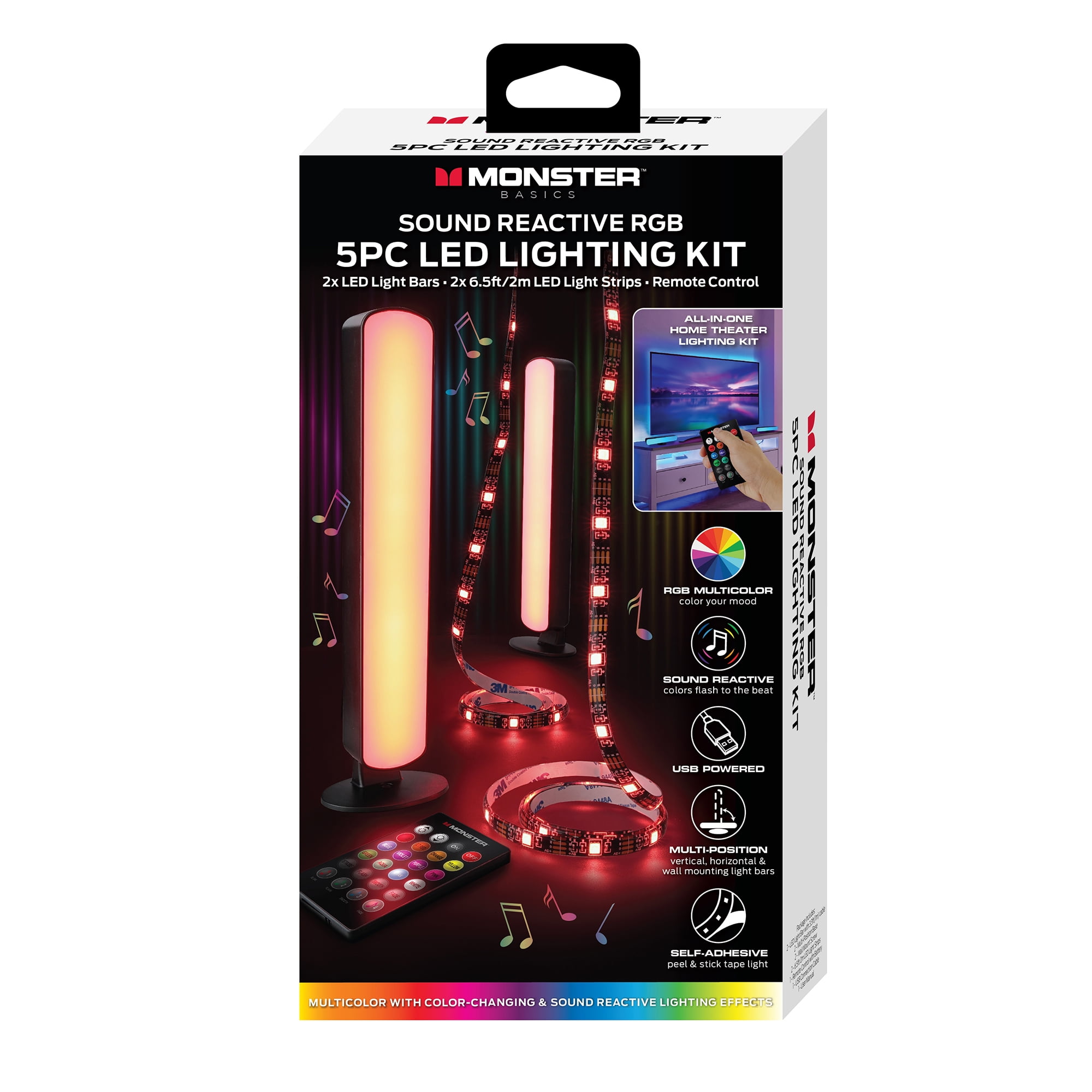 Monster LED 5 Piece Sound Reactive Multi-color Indoor LED Light Kit, 2 bars, 2 Light Strips Walmart.com