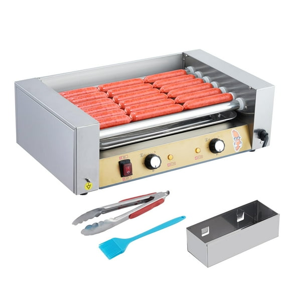 Whizmax Hot Dog Roller Stainless Steel Sausage Grill Cooker Machine with Dual Temp Control Glass Hood Acrylic Cover Bun Warmer Shelf Removable Oil Drip Tray, Hotdog Roller Grill for Commercial Home