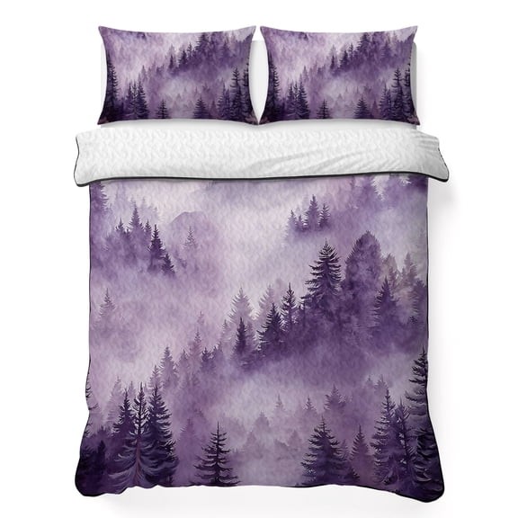 Twin Quilt Set 68''x86'', Purple Mountain Lightweight Bedspread Coverlet Set with 2 Pillow Shams, Misty Forest Nature Woodland Pine Tree Landscape Breathable All Season Quilt Bedding for Dorm/Bedroom