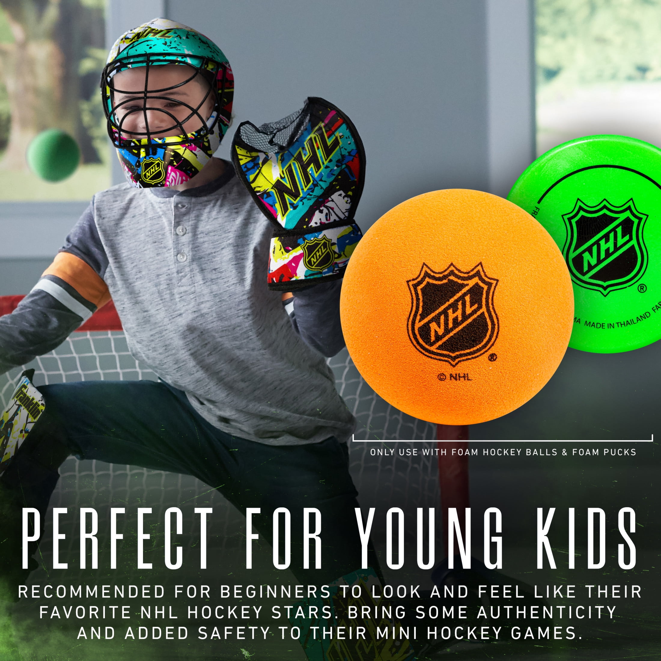 Franklin Sports NHL Youth Knee Hockey Goalie Pads + Helmet Set - Kids Knee + Mini Hockey Goalie Gear + Equipment - (2)  Leg Pads, Catch Glove, Blocker + Mask Included - Graffiti