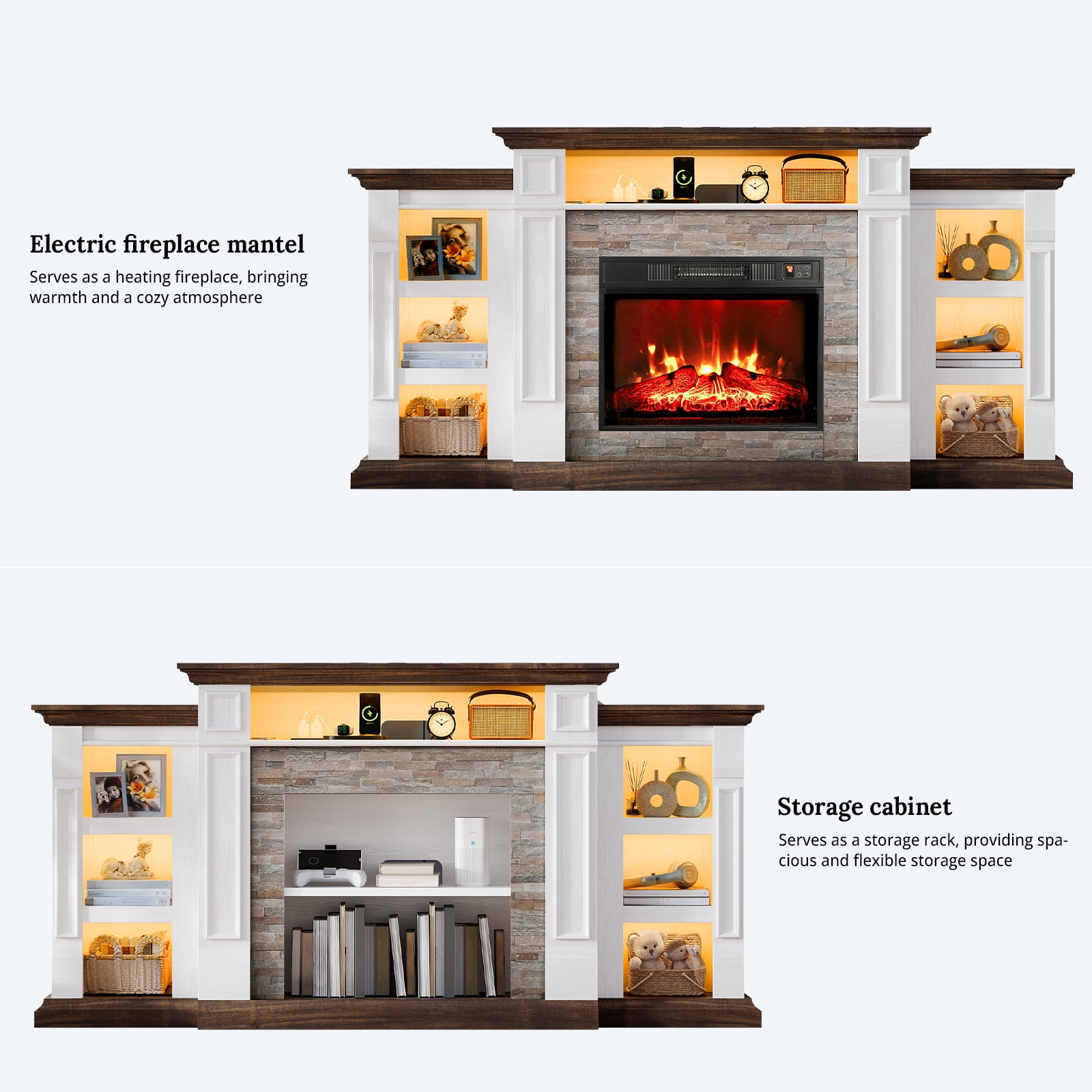 Holliwill 72" TV Stand for TVs up to 80" with Charging Station & LED Light, Electric Fireplace with Mantel, Entertainment Center with 23" Electric Heater, White Brown