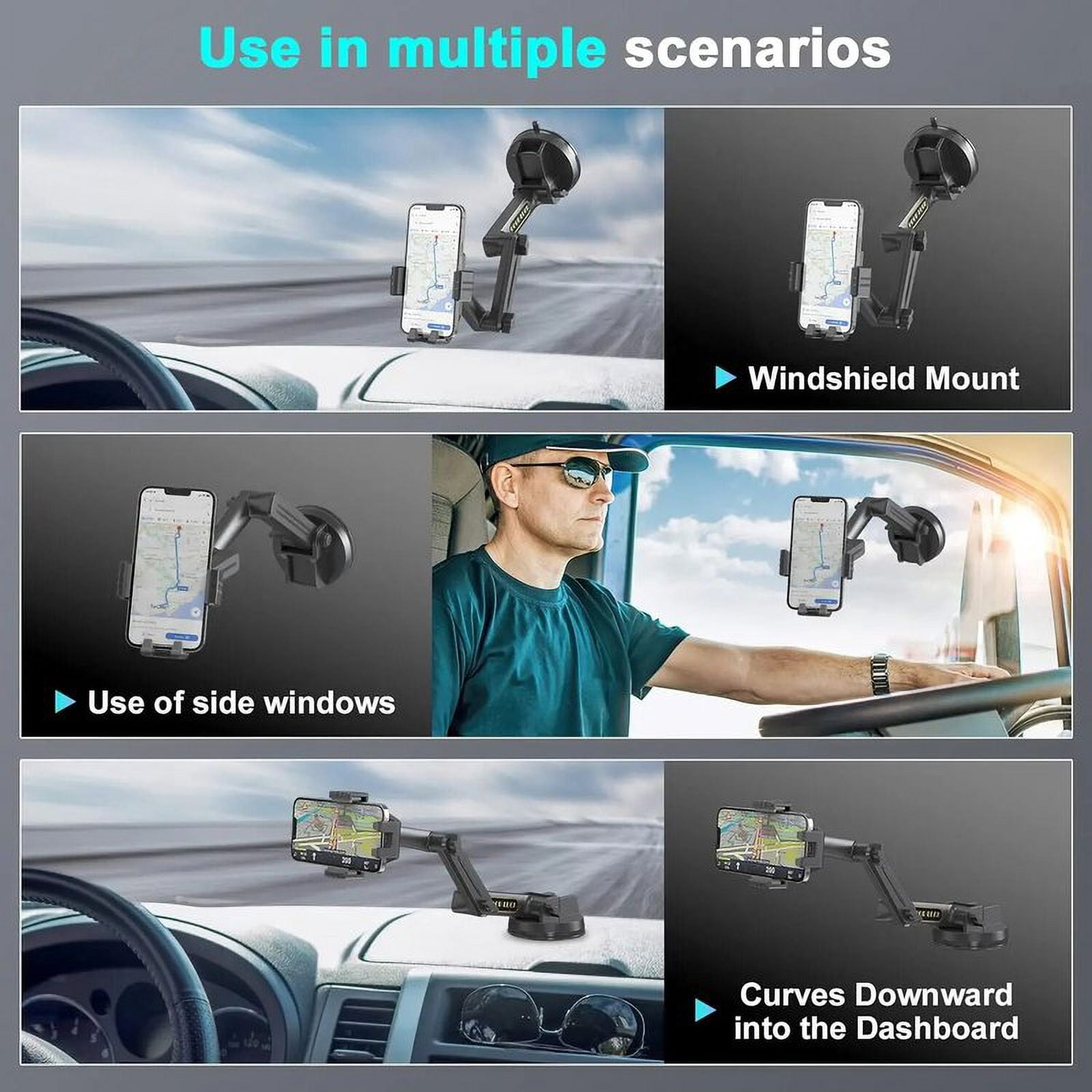 Truck phone holder mount heavy duty cell phone holder for dashboard windshield 16.9 inch long arm, super suction cup & Stable