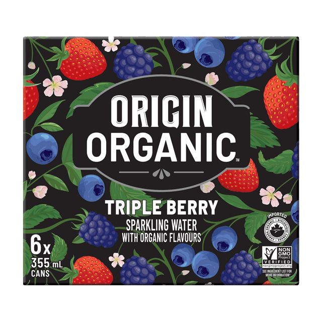 Origin Organic, Flavoured Sparkling Water, Triple Berry 6x355ml
