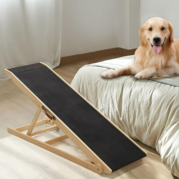 Slsy Folding Wooden Dog Ramp for Bed, Couch & Car,45IN Long- 5 Level Adjustable Pet Ramp, Non-Slip Rubber Mat, 17.7'' Extra Wide - Supports Small & Large Senior Dogs & Cats up to 200 lbs