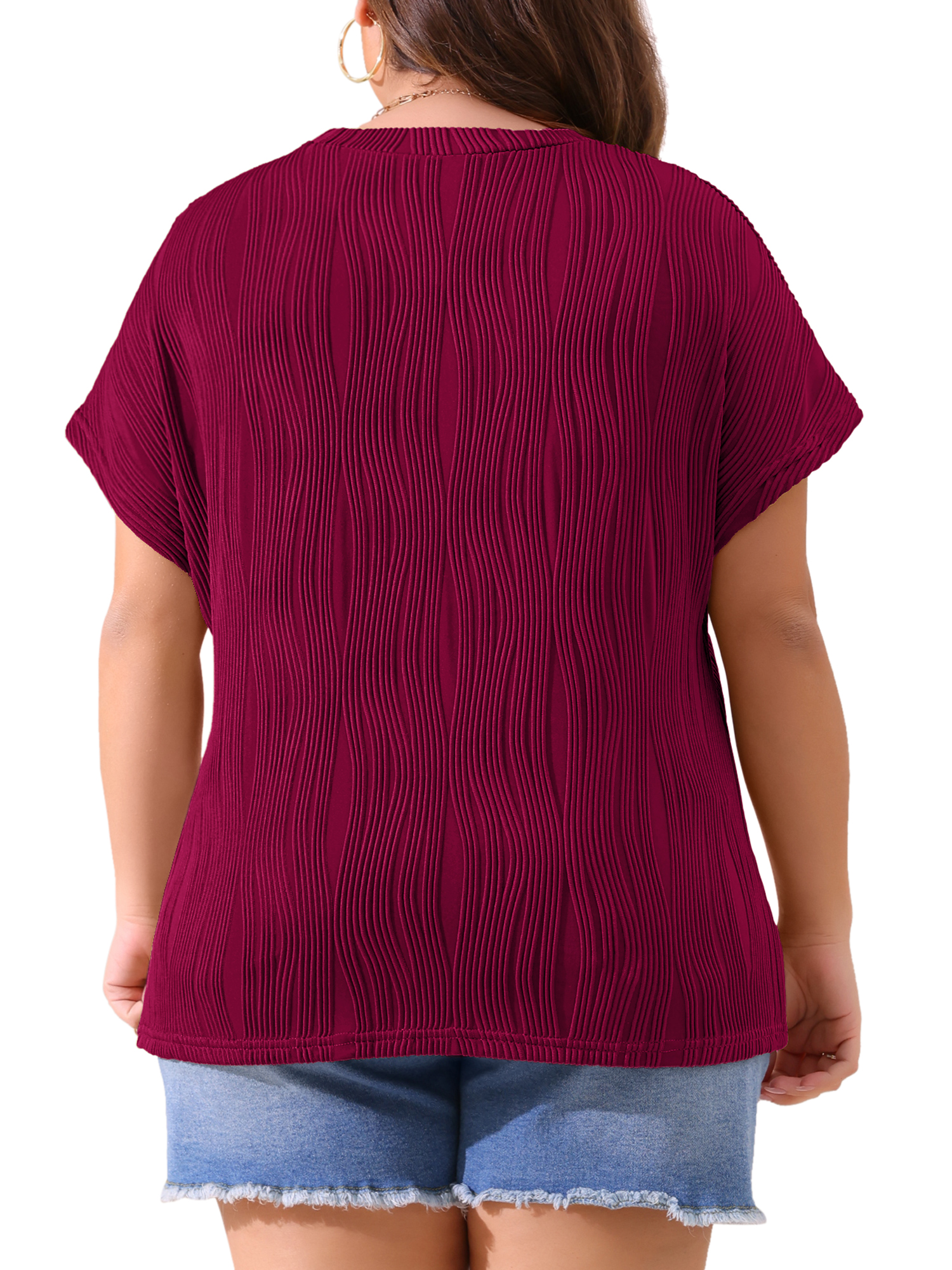 Women's Plus Women's Short Sleeve Textured Tops Crewneck Casual T Shirts 1X Burgundy