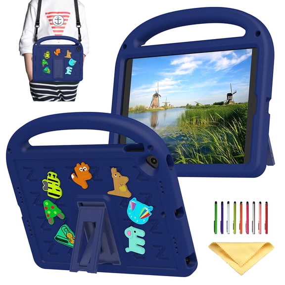 Allytechgroup Kids Case for iPad 9th Generation 10.2 inch, with Shoulder Strap/Handle/Kickstand Cute Cartoon 3D DIY Kawaii Soft EVA Shockproof Stand Lightweight Cover for iPad 10.2 inch 2021,Navyblue