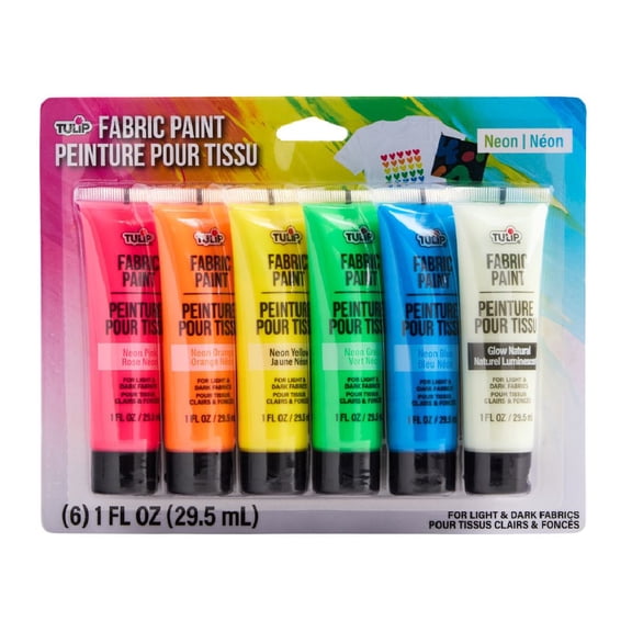 Tulip Neon Fabric Paint Set, Permanent Soft Fabric Paint for Clothes, Machine Washable, Flexible Finish for Light & Dark Fabrics, Neon Colors with Natural Glow, 6 Colors