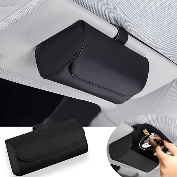 LAMIRO Universal Car Sunglass Holder, Car Sun Visor Eyeglasses Case Holders Leather Sunglasses Clip Storage Case, Auto Glasses Holder Protective Box Car Accessories to All Car Models(Black)
