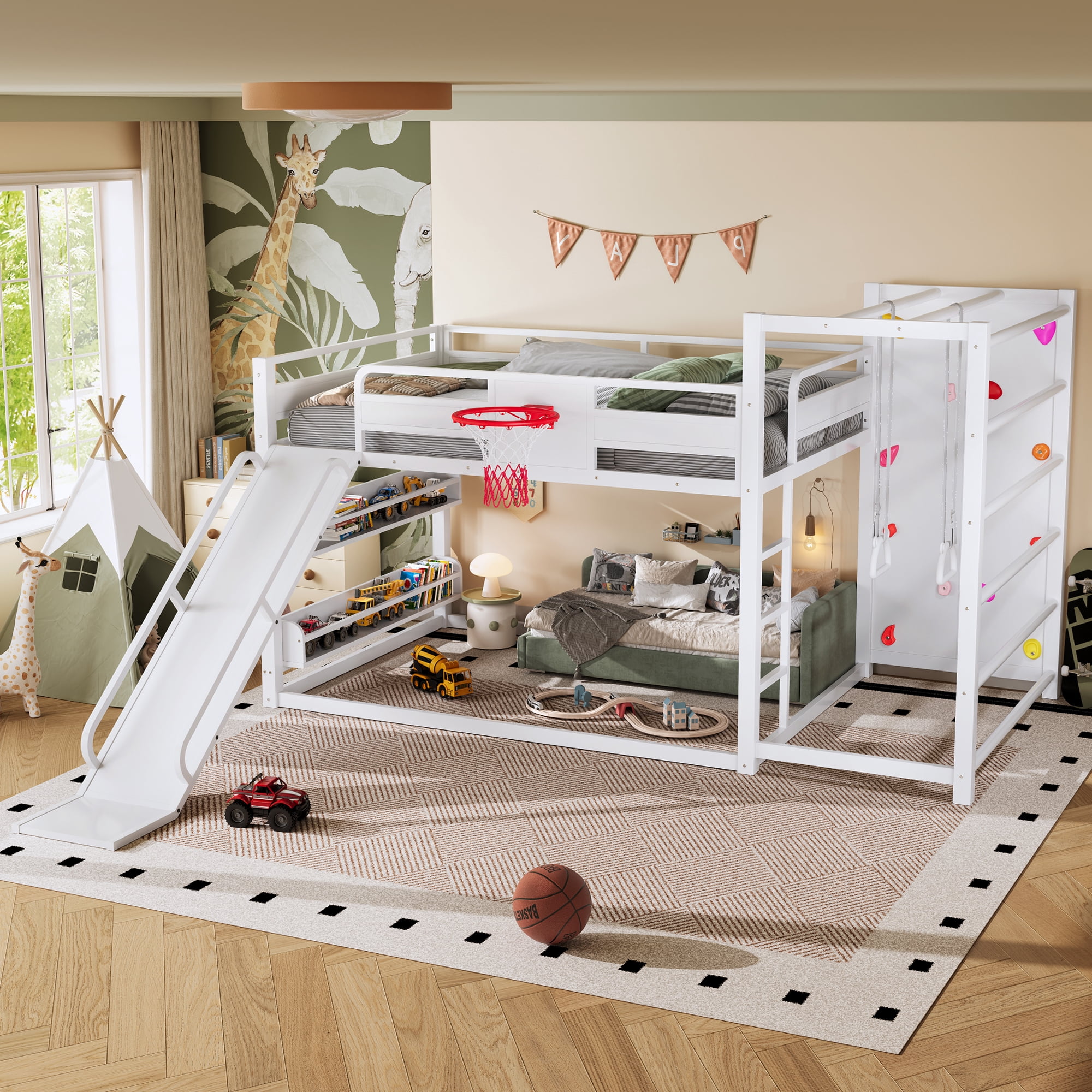 Full Size Loft Bed with Basketball Hoop, Pull-up Rings and Climbing Wall, Metal Loft Bedframe with Bulit-in Bookshelves, Kids Playhouse Bed with Slide for Boys Girls