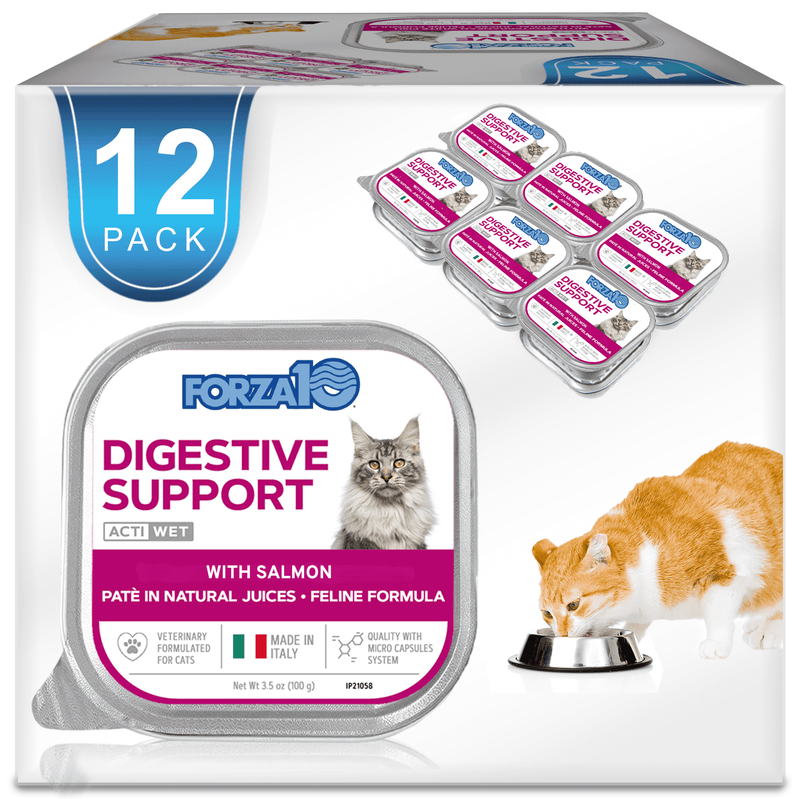 Forza10 Digestive Wet Cat Food for Adult Cats - 3.5 oz, 12 Pack - Salmon | Vet-Formulated Actiwet Digestive Support for Cats with Sensitive Stomach - Non-GMO - Made in Italy