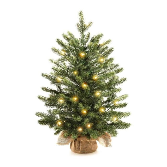 Feltree 18in Green Artificial Pre-Lit Christmas Tree with Remote Control, Battery Operated, Flame Retardant, Includes Woven Basket Base for Tabletop Holiday Decoration