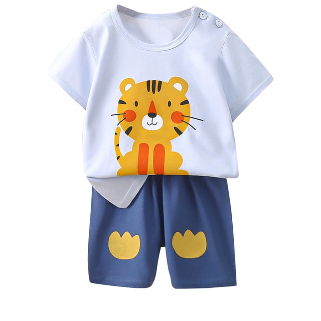 Honeeladyy - Liquidación de verano, camisetas casuales de manga corta para niños, cuello redondo, pantalones cortos estampados, conjuntos de ropa de calle (azul marino, 9-18 meses)