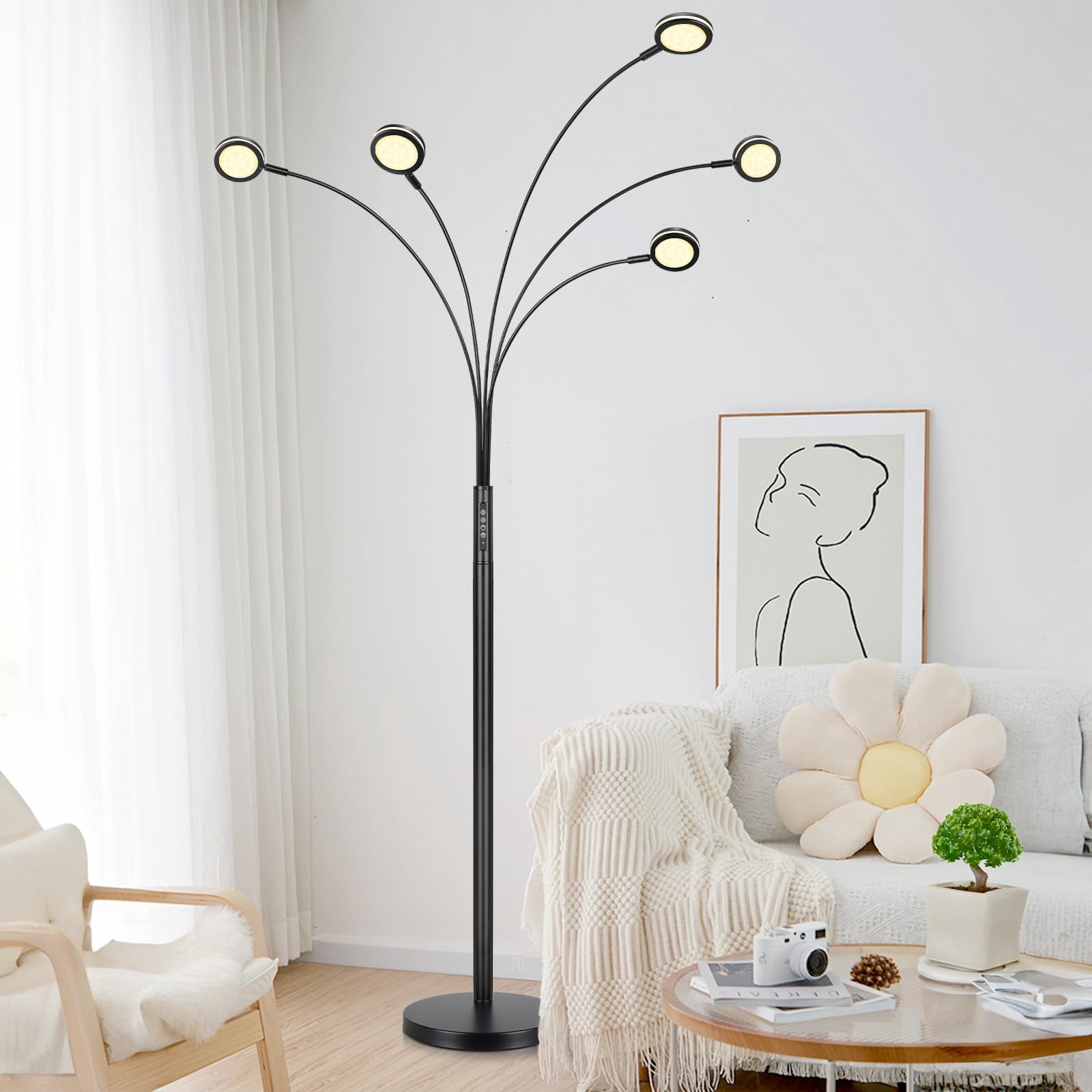 Nordic Hygge LED Arc Floor Lamp with Remote, Black