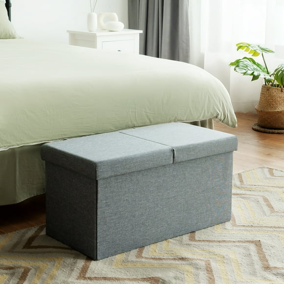 Giantex Folding Storage Ottoman, End of Bed Bench, Fabric Shoe Bench w/Padded Seat, Upholstered Foot Rest Stool, Storage Box, Silver