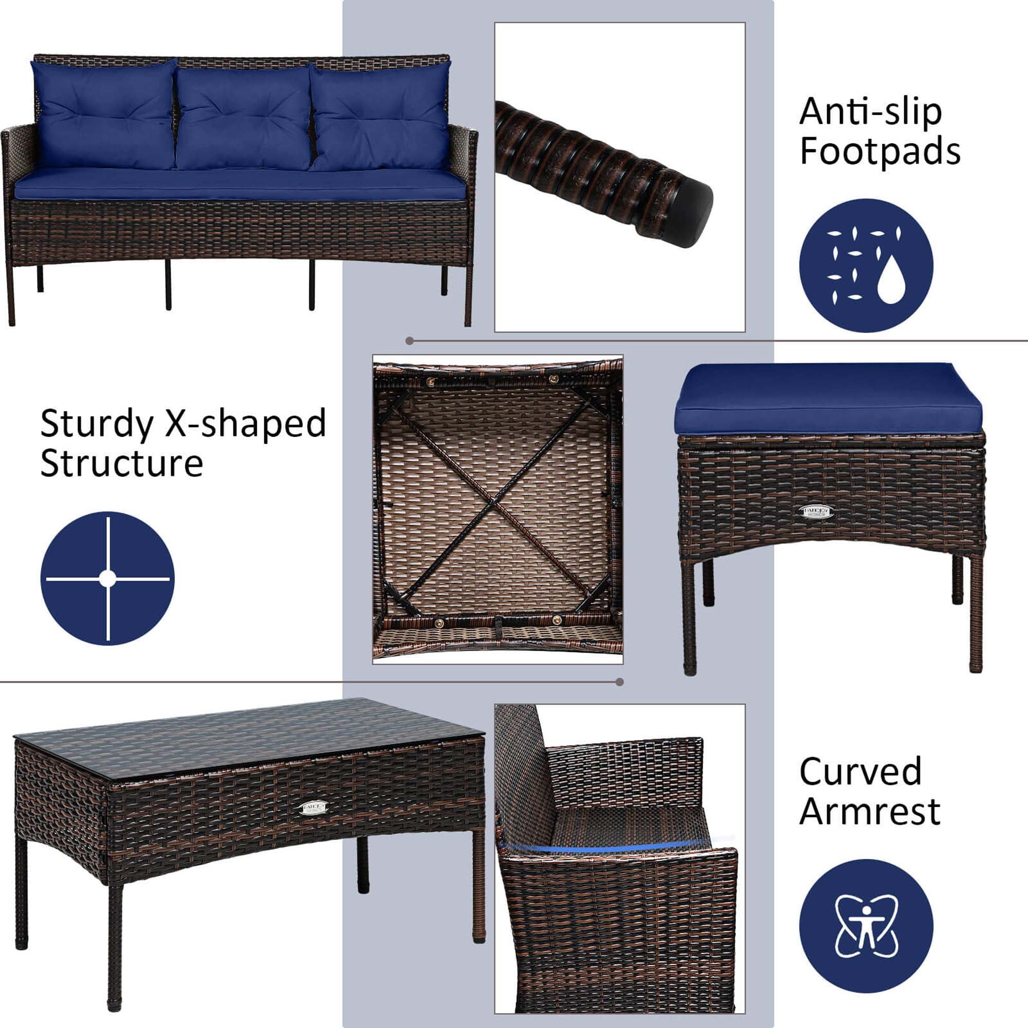 Costway 3PCS Patio Rattan Furniture Set 3-Seat Sofa Cushioned Table Garden Navy