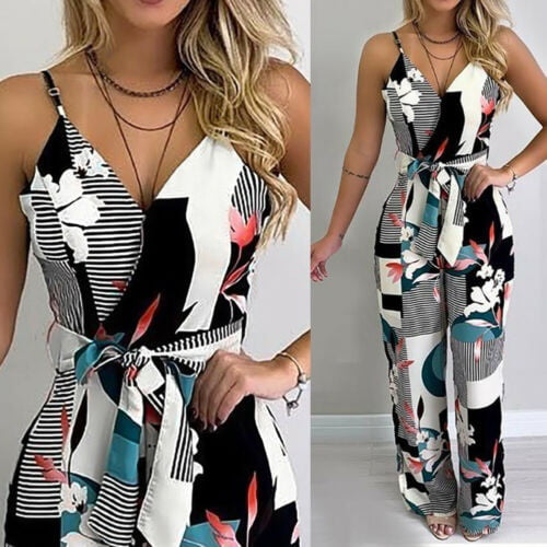 Ladies Womens Loose Jumpsuit Wide Leg Sleeveless Strappy Romper Playsuit Size 