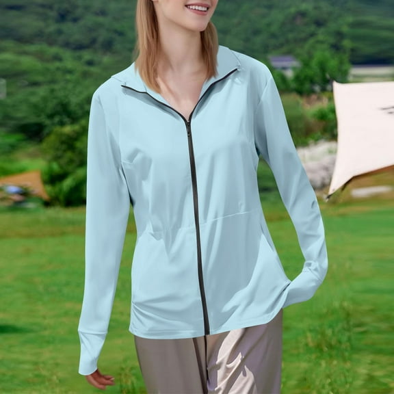 Karight Womens UV Protection Full Zip Athletic Jacket Long Sleeve Stand Collar Lightweight Quick Dry Sun Coat with Thumbholes for Running, Hiking