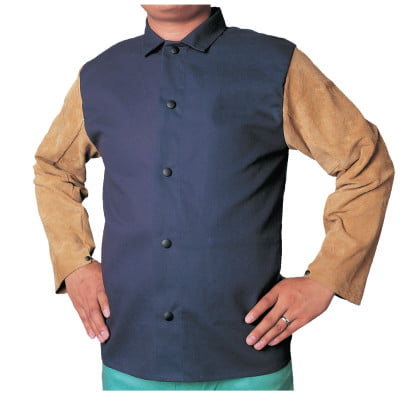 Leather/Sateen Combo Jacket, Medium, Blue/Tan