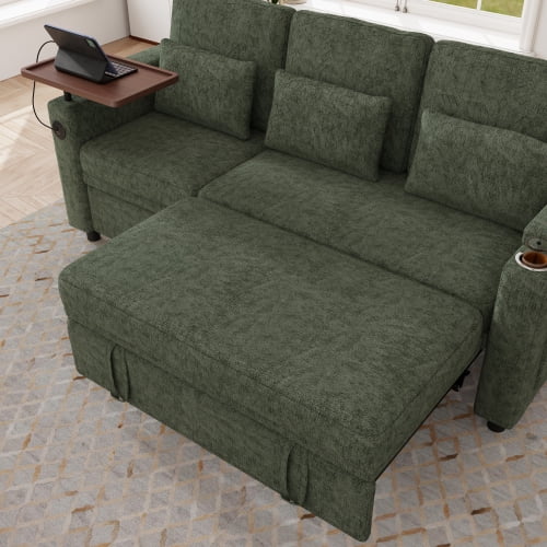 81" 3-in-1 Convertible Sofa Bed, Electric Recliner & Sleeper with Table, USB Ports, Storage Armrests, Chenille, 6 Adjustable Positions, Green