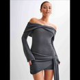 thumbnail image 4 of Vestido de Punto Corto con Hombros Descubiertos para Mujer, Larga, Irregular, con Cordones, Sexy Gris L, 4 of 9