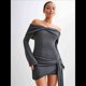 thumbnail image 4 of Vestido de Punto Corto con Hombros Descubiertos para Mujer, Larga, Irregular, con Cordones, Sexy Gris S, 4 of 9