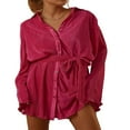 thumbnail image 3 of Robe Courte Plissée pour Femme à Imprimé Floral, Décolleté en V Profond, Robe d'Été à Manches Longues avec Cordon de Serrage, Robe Chemise à Nouer, Tenue de Boîte de Nuit, Rose Rouge, m, 3 of 7