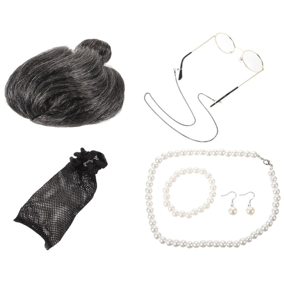 Phenofice Grandmother Cosplay Costume Set, Old Lady Dress Up Outfit with White Yarn Hair for Masquerade Party Event