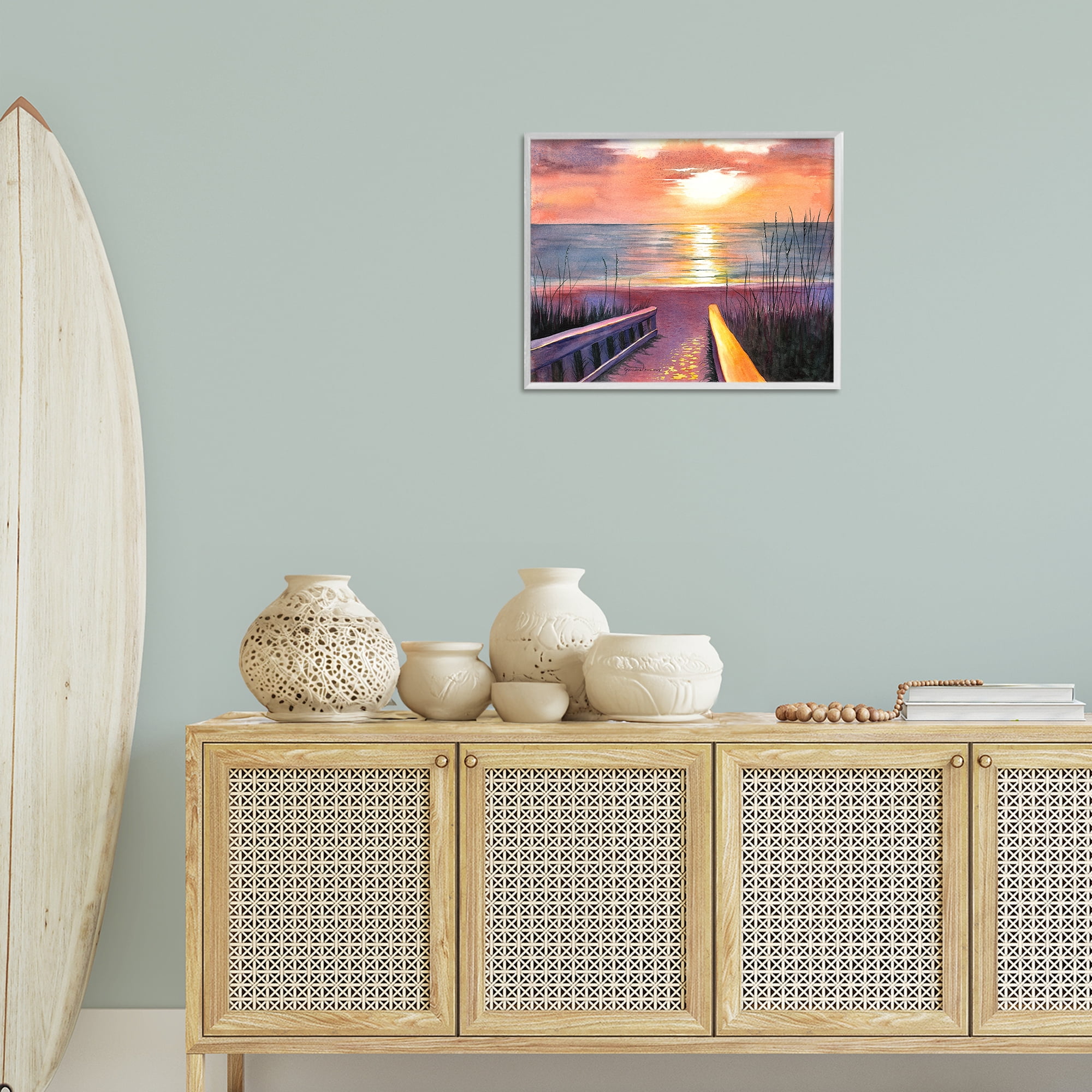 Stupell Industries Sea Sunset Reflection Landscape Painting White Framed Art Print Wall Art, 20 x 16