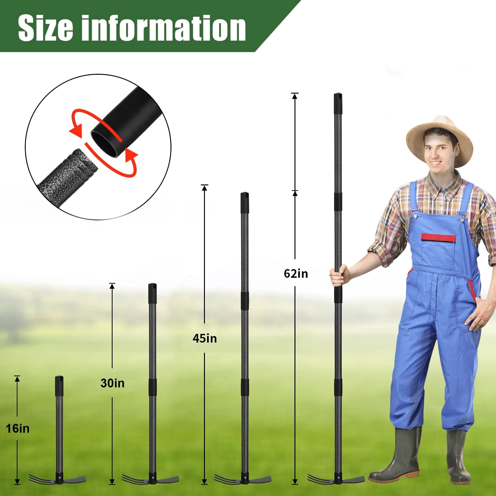 FENHRTVM Hoe Garden Tool, 48Inch Garden Hoe Adjustable Long Handle, 2 in 1 Garden Hoe for Weeding, Stainless Steel Weeder Tool for Yard Long Handle, Gardening Hoe for Planting, Lossening, Digging