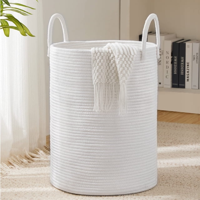 Cesta para ropa sucia YOUDENOVA, cuerda tejida de 58 litros, color blanco puro