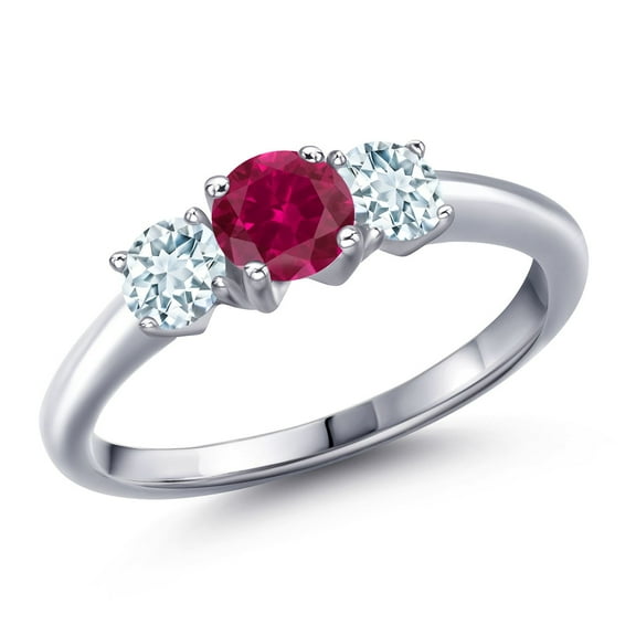 Gem Stone King 925 Sterling Silver Red Created Ruby and Sky Blue Aquamarine Engagement Ring for Women | 1.10 Cttw | Round 5MM | Gemstone July Birthstone | Size 9
