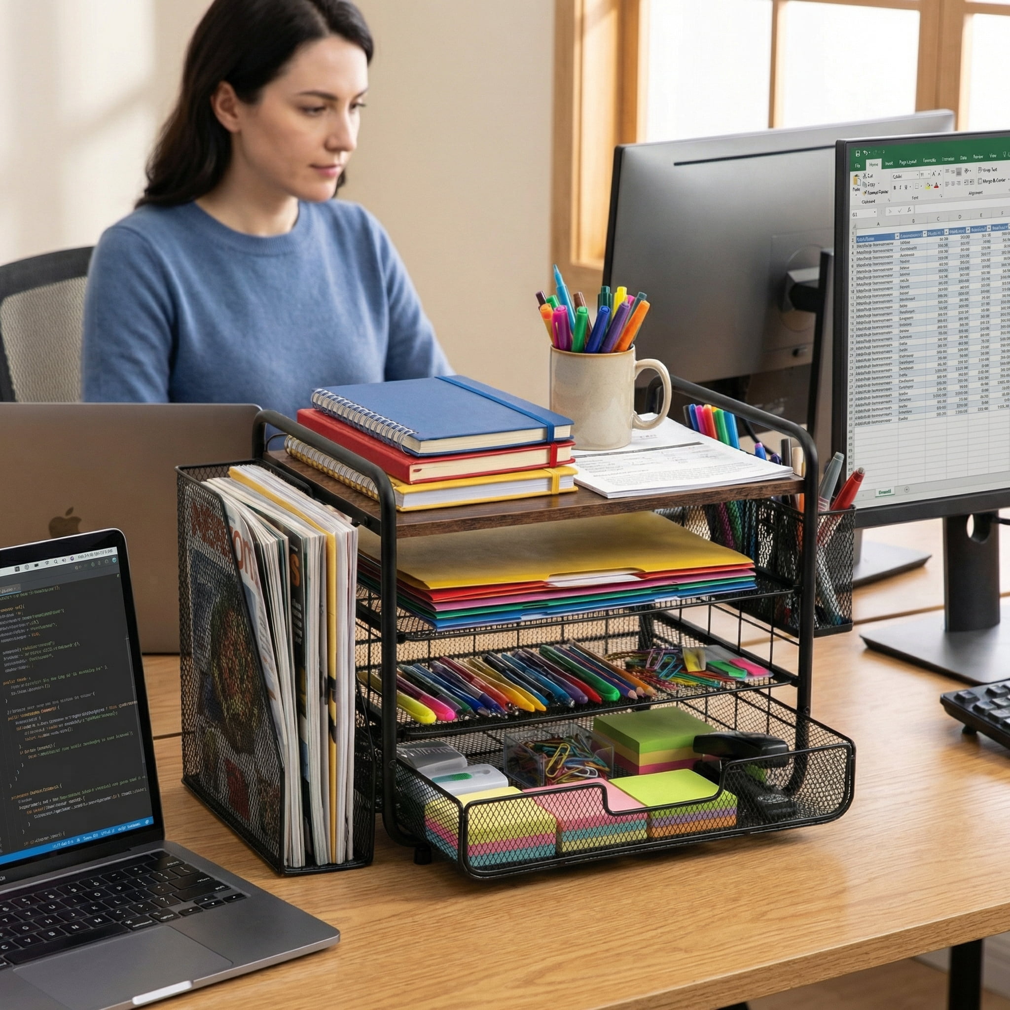 OUTMASTER  4-Tier Desk Organizer,Metal Desktop File Organizer with Drawer and Pen Holder,Office Supplies