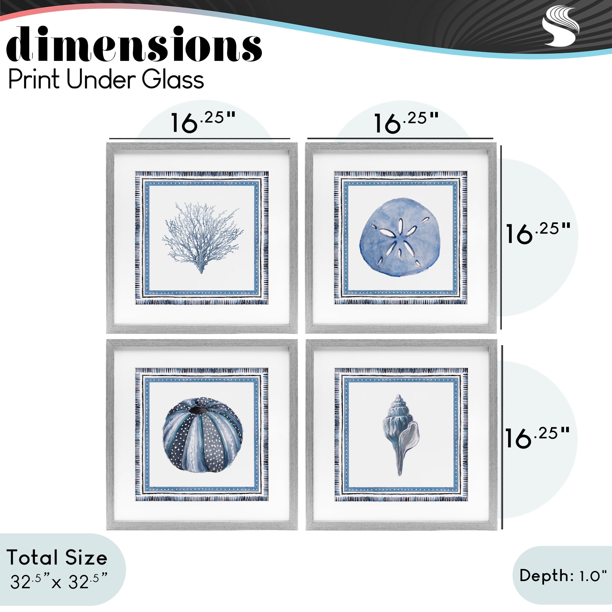 Stupell Industries Coastal Teal Bordered Coral 4 Piece Gray Framed Print Under Glass Set, design by Lanie Loreth