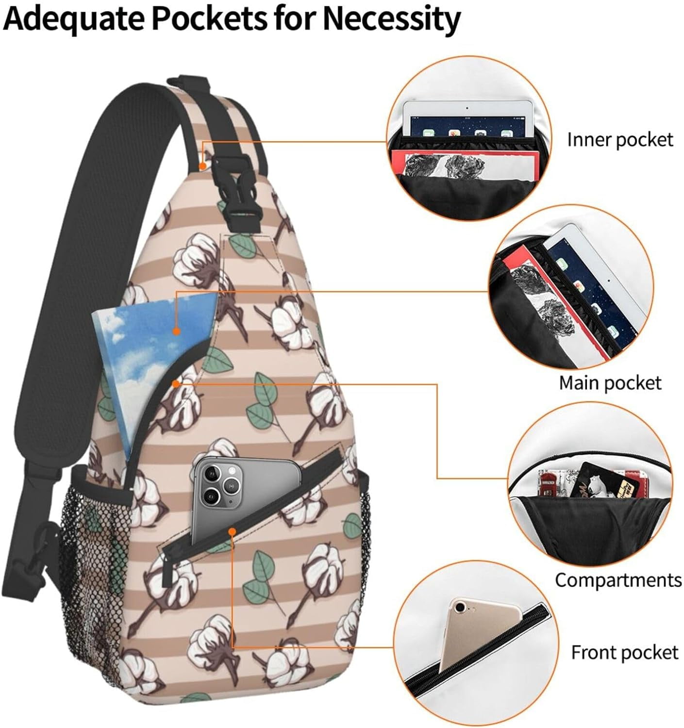 Cartoon Cotton Flower Pattern Sling Bag Crossbody Hiking Travel Chest Bags Backpack Shoulder Daypack for Women Men