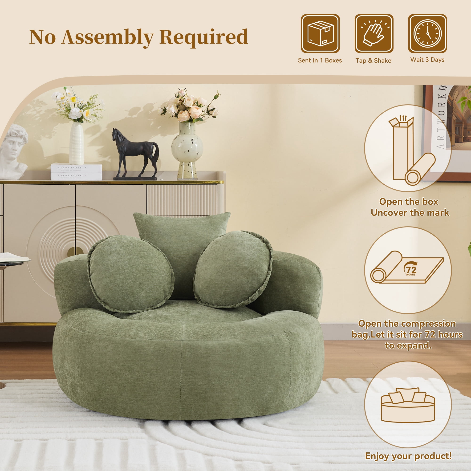 43'' Round Oversized Chaise Lounge Indoor Chair, No Assembly Chenille Compressed Circle Sofa Bed,Comfy Upholstered Sleeper Couch,Lazy Bean Bag Couch for Living Room, Bedroom,Green