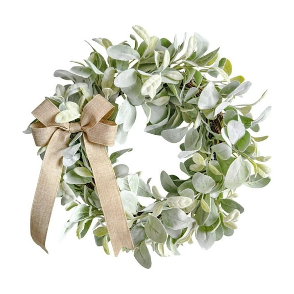 16 Inch Green Lamb's Leaves Wreaths for Front Door Winter Wreath with Pine Cones Shells Satin Bow Bells, Artificial Wreath for Indoor Outdoor Home Porch Wall Window Festival Wedding Decor