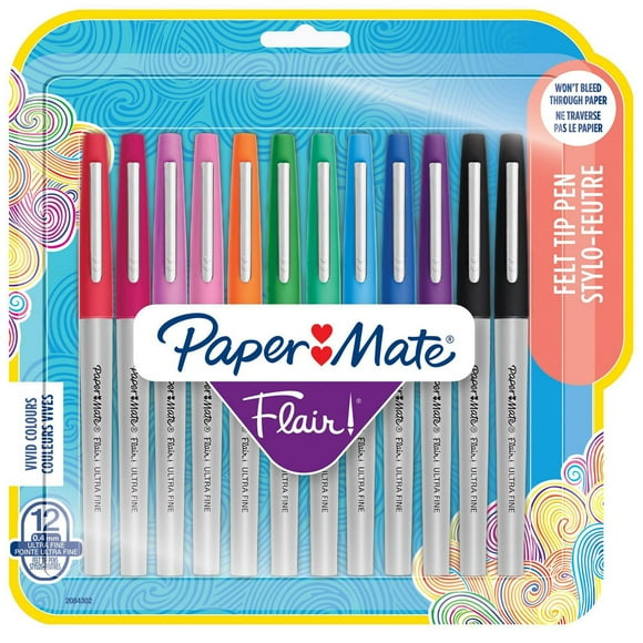 Paper Mate Flair Felt Tip Pens, Ultra Fine Point (0.4&nbsp;mm), Assorted Colours, 12 Count, Felt tip markers