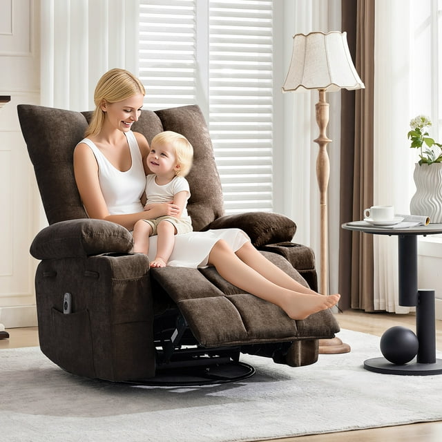 Swivel Rocker Recliner Chair with Massage and Heat,Oversize Ergonomic Lounge Sofa with Extended Footrest,Cup Holders for Living Room, Bedroom,Brown