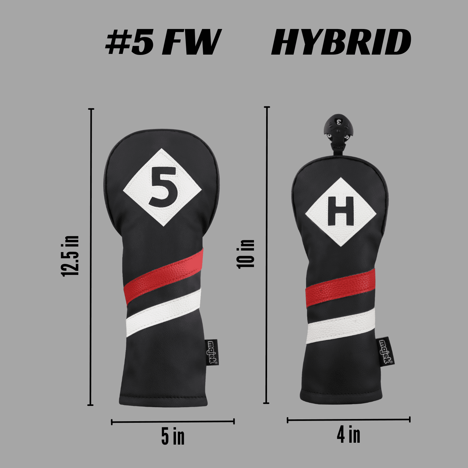 Majek Retro Golf Headcovers Black Red and White Vintage Leather Style 5 & H Fairway Wood and Hybrid Head Cover Classic Look