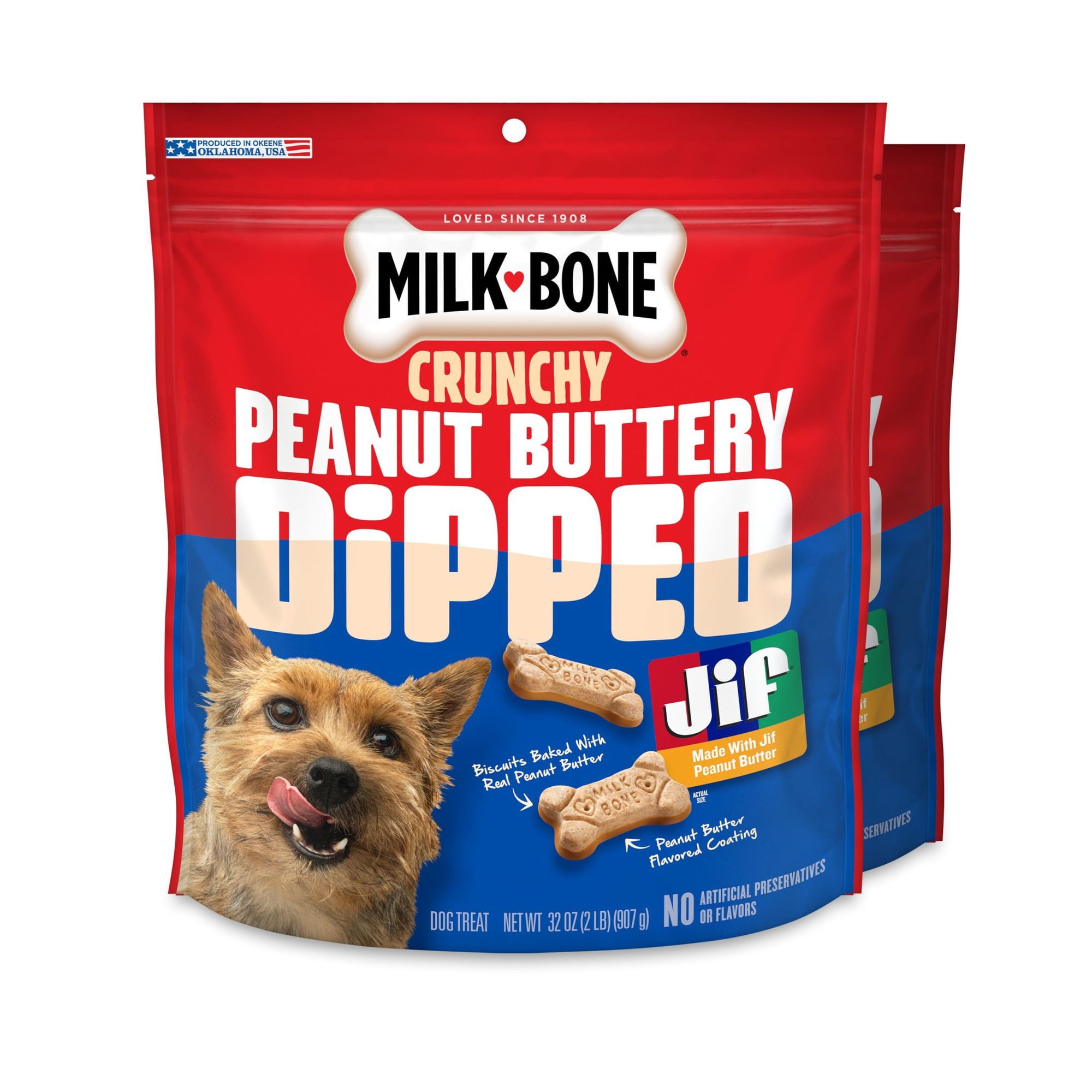 Milk Bone Peanut Buttery Dipped Dog Biscuits with Jif Peanut Butter, 32 oz Bags (Pack of 2)