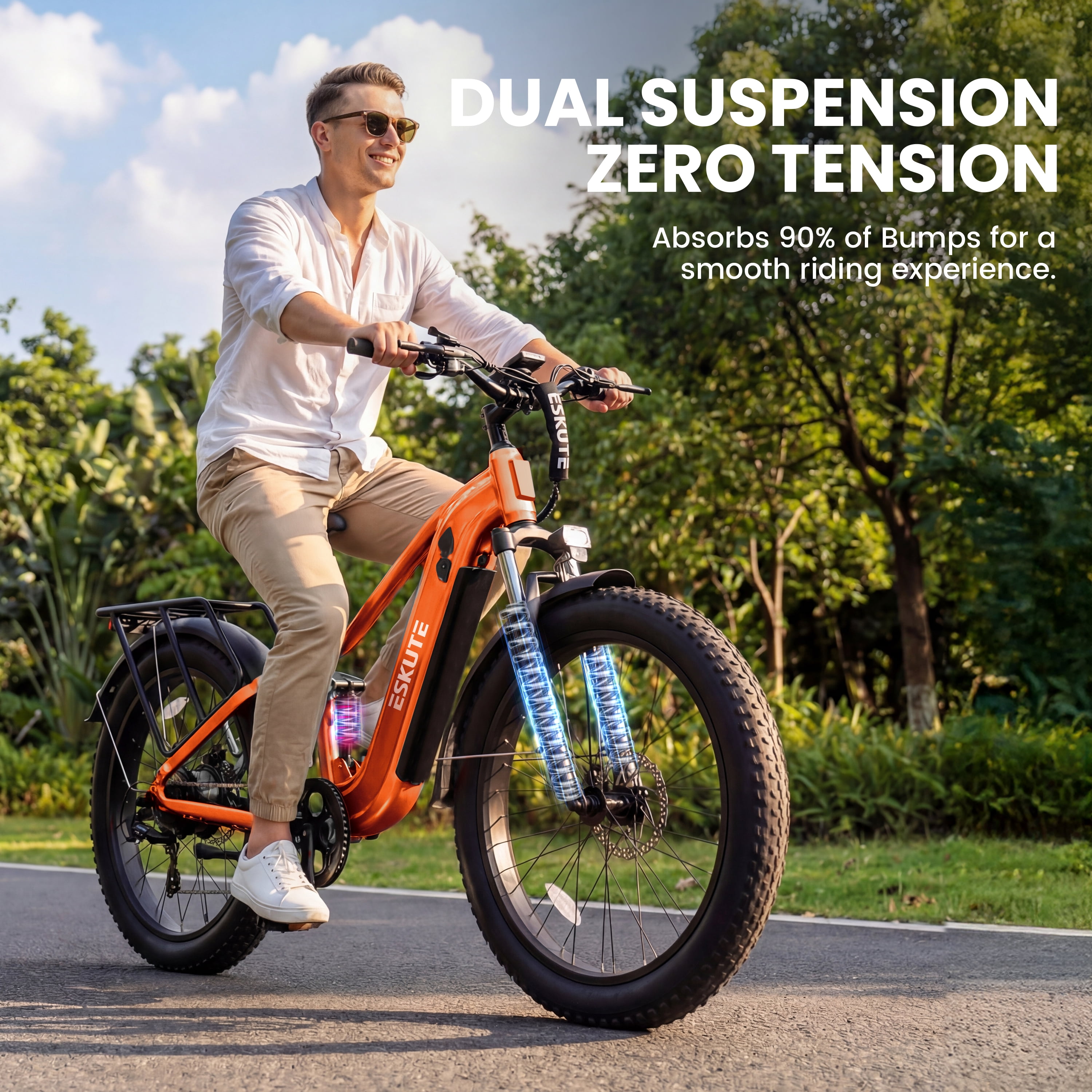 ESKUTE C300 Electric Bike for Adults, 1500W Peak Motor, 32MPH Fast Ebike, 48V 20.8Ah Battery Up to 80 Miles, 26"x4.0" Fat Tire, Full Suspension, 8-Speed Orange, With Bag & Lock & Front Basket, UL2849