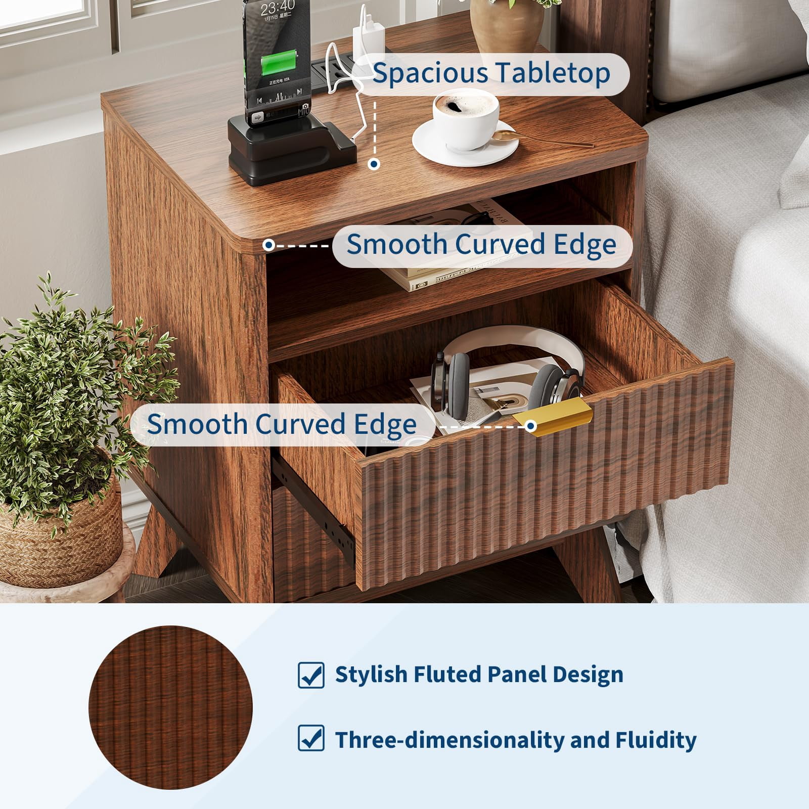 KOKEBREN Modern Nightstand with USB Charging Station - Wood Fluted Bedside Table with 2 Drawers & Open Shelf,Walnut Wood Color