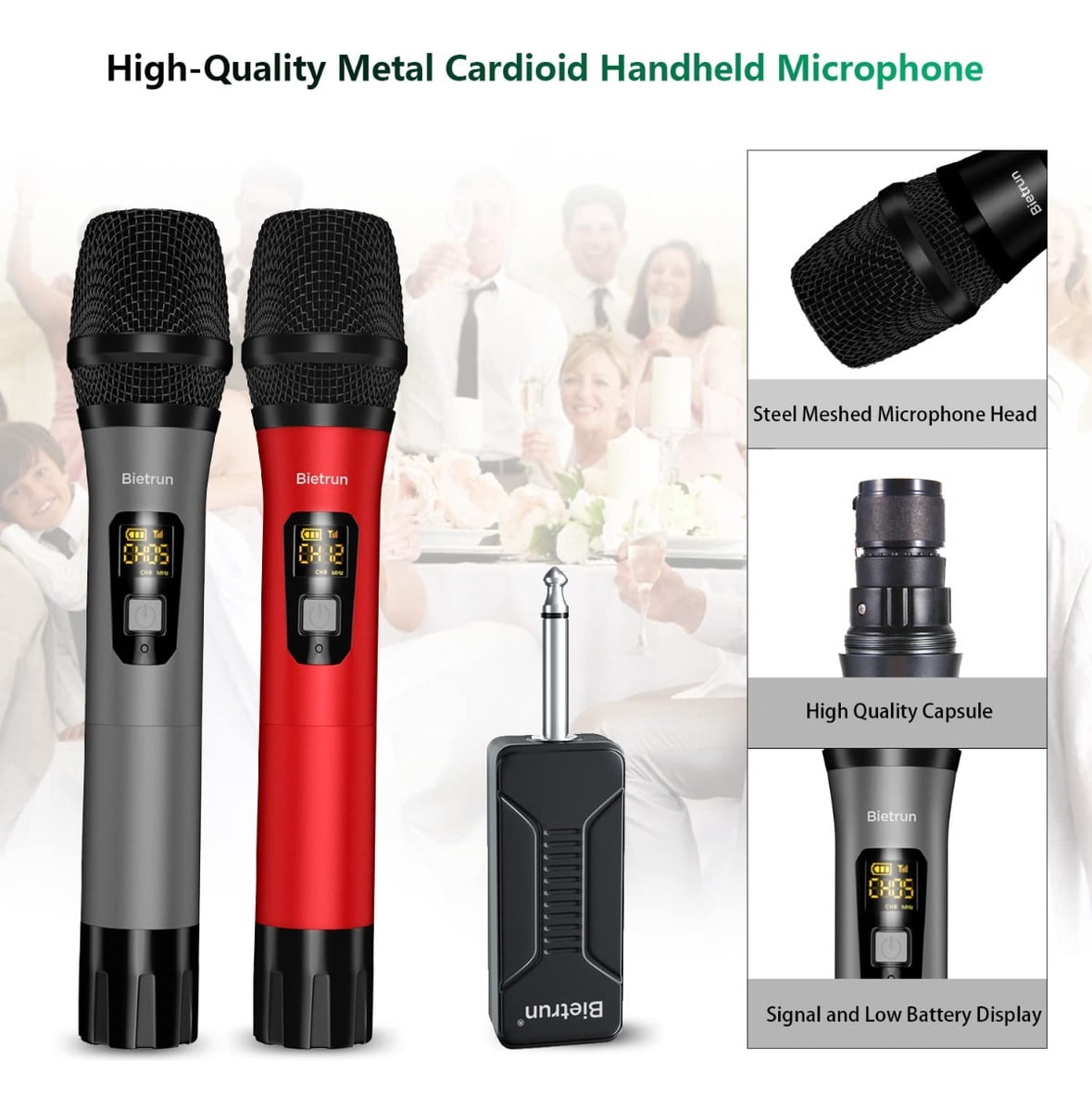 Wireless Microphone, Bietrun UHF Metal Dual Handheld Cordless Dynamic Mic System with Rechargeable Receiver, 1/4‘’Output, for Karaoke, Church, Speech, Wedding, Party Singing(160 ft Range)